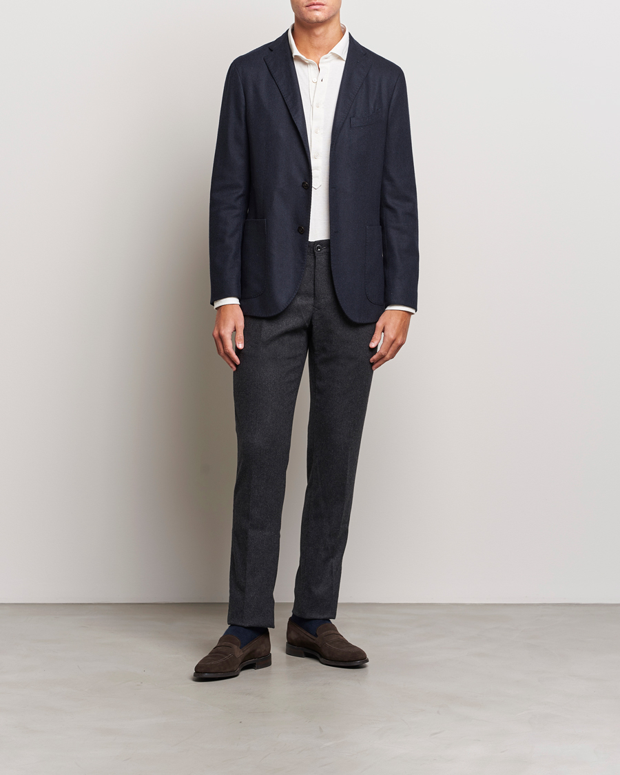 Hombres | Pantalones | Incotex | Slim Fit Washed Flannel Stretch Slacks Dark Grey