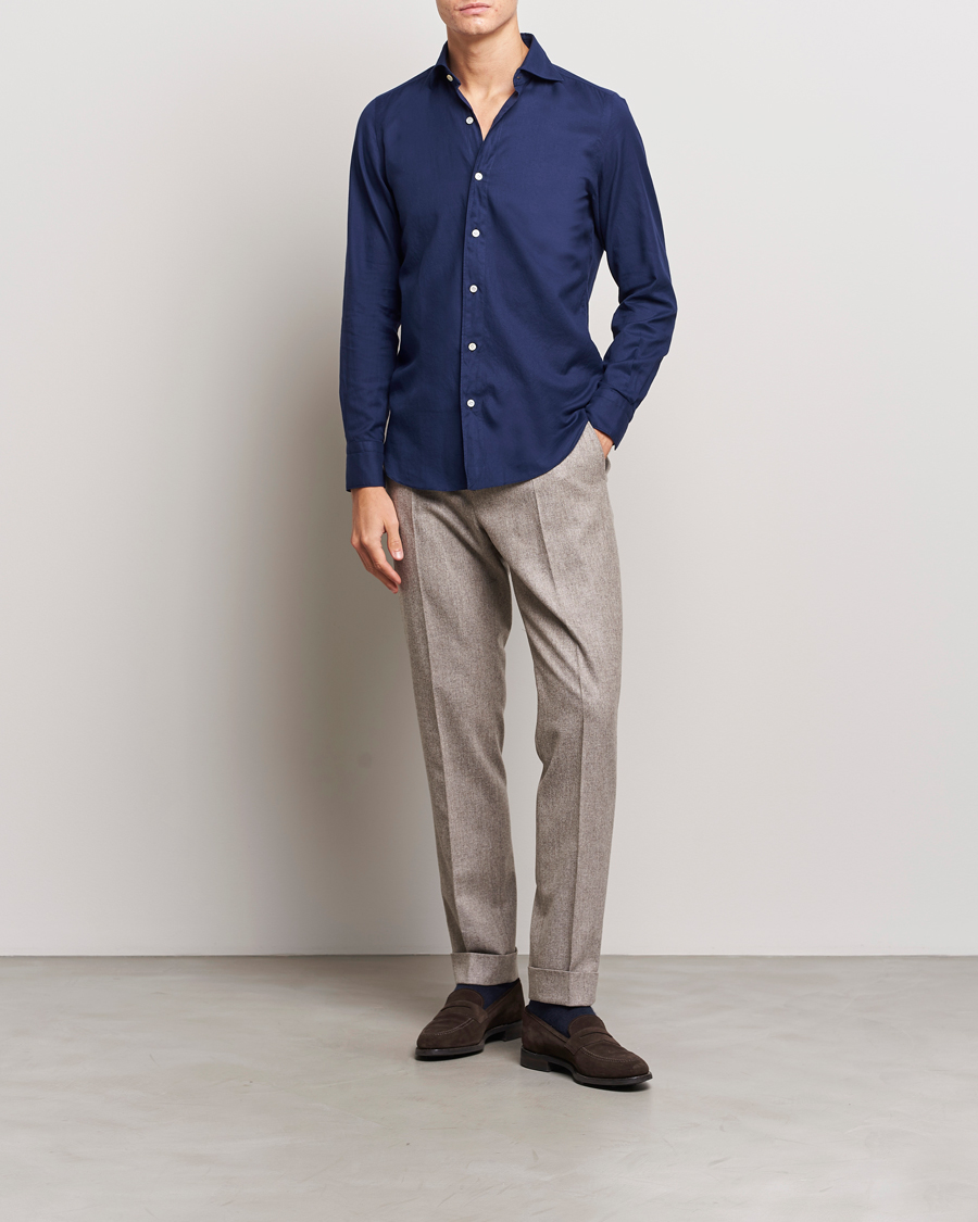 Hombres | Camisas | Finamore Napoli | Tokyo Slim Flannel Shirt Navy