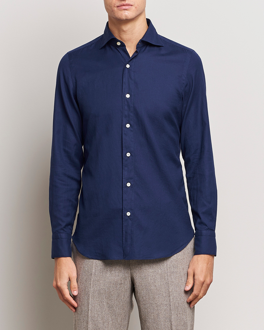 Hombres | Camisas de franela | Finamore Napoli | Tokyo Slim Flannel Shirt Navy