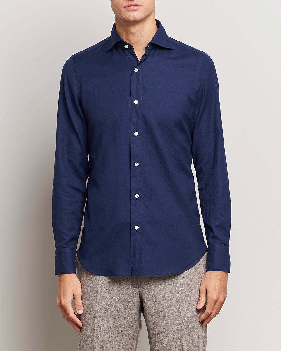 Hombres | Camisas | Finamore Napoli | Tokyo Slim Flannel Shirt Navy