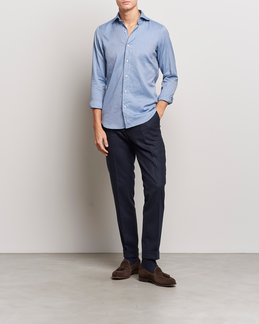 Hombres | Camisas | Finamore Napoli | Tokyo Slim Flannel Shirt Light Blue