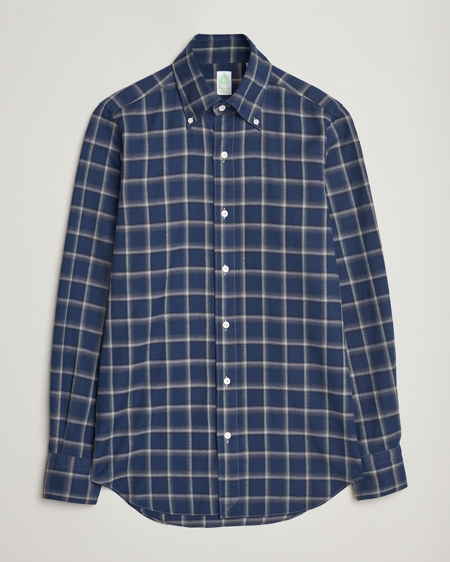 Hombres | Camisas | Finamore Napoli | Tokyo Slim Flannel Button Down Shirt Navy Check