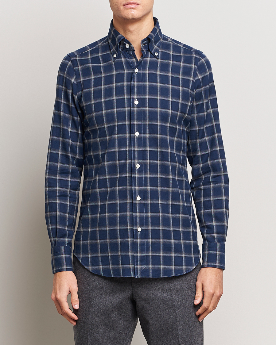 Hombres | Camisas | Finamore Napoli | Tokyo Slim Flannel Button Down Shirt Navy Check
