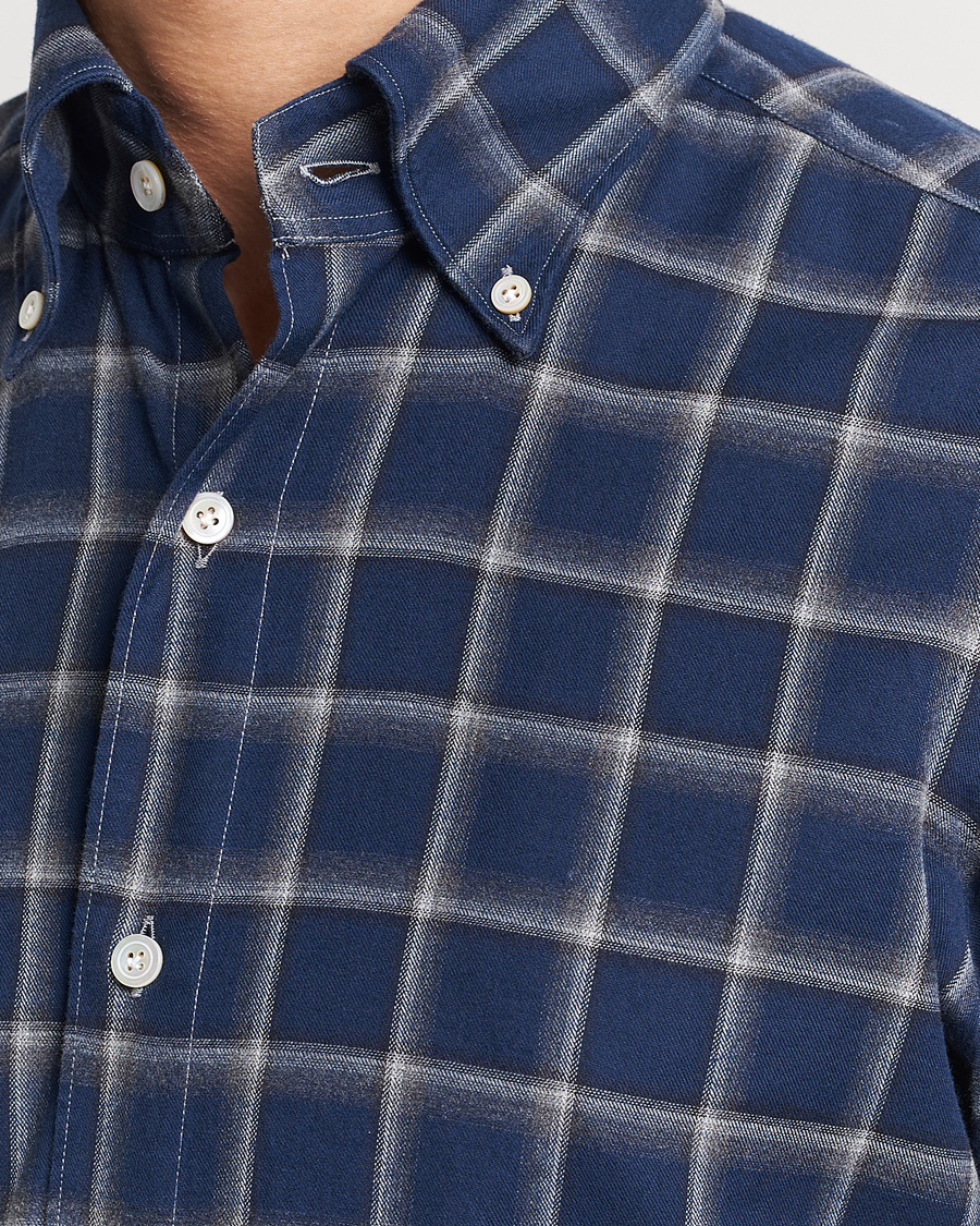 Hombres | Camisas | Finamore Napoli | Tokyo Slim Flannel Button Down Shirt Navy Check