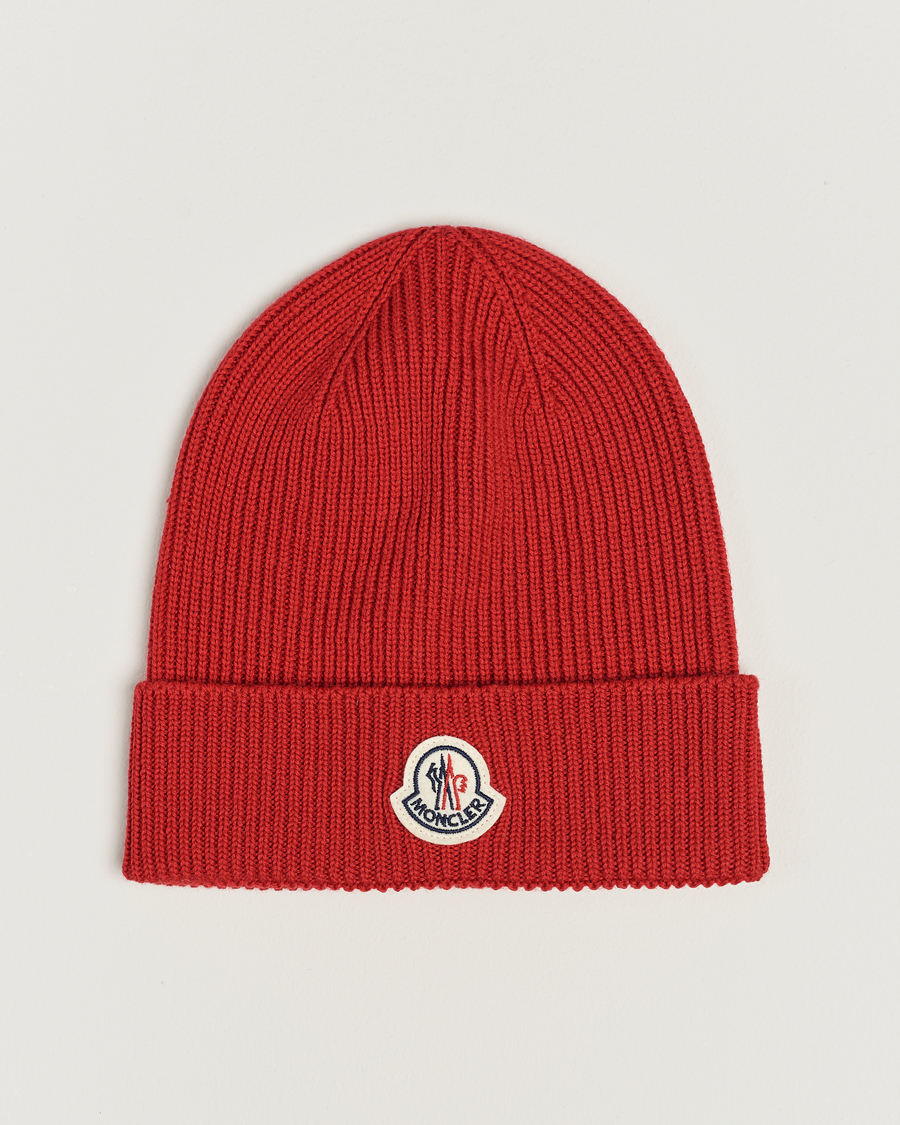 Hombres | Moncler Ribbed Wool Beanie Red | Moncler | Ribbed Wool Beanie Red