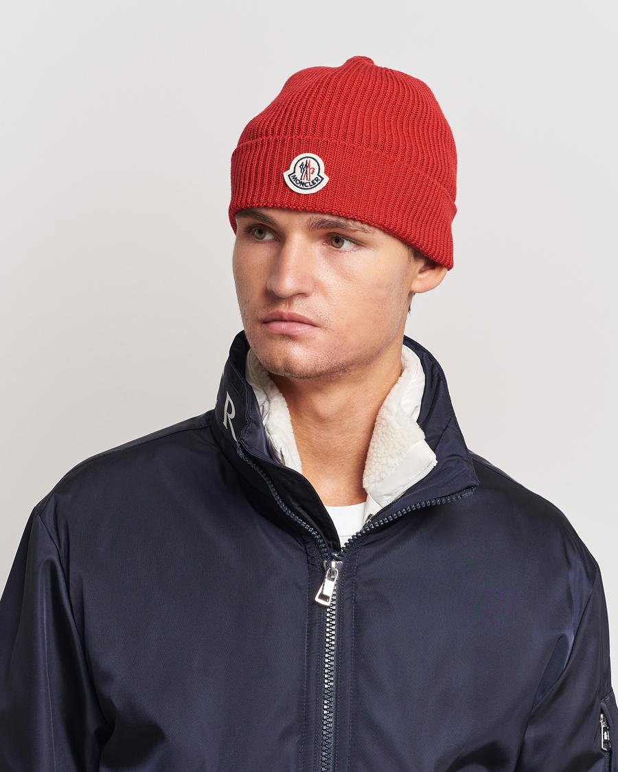 Hombres | Moncler Ribbed Wool Beanie Red | Moncler | Ribbed Wool Beanie Red