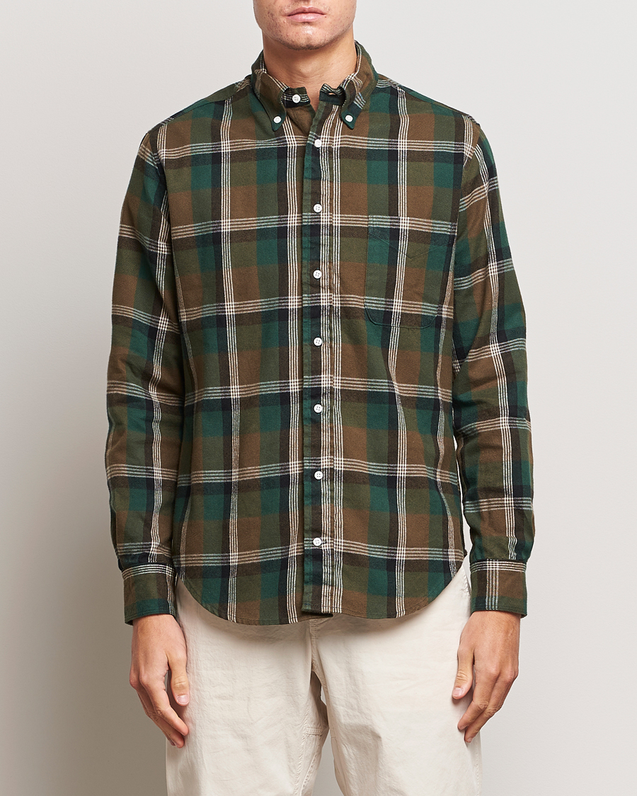 Hombres | Camisas | Gitman Vintage | Button Down Shaggy Flannel Shirt Olive Check