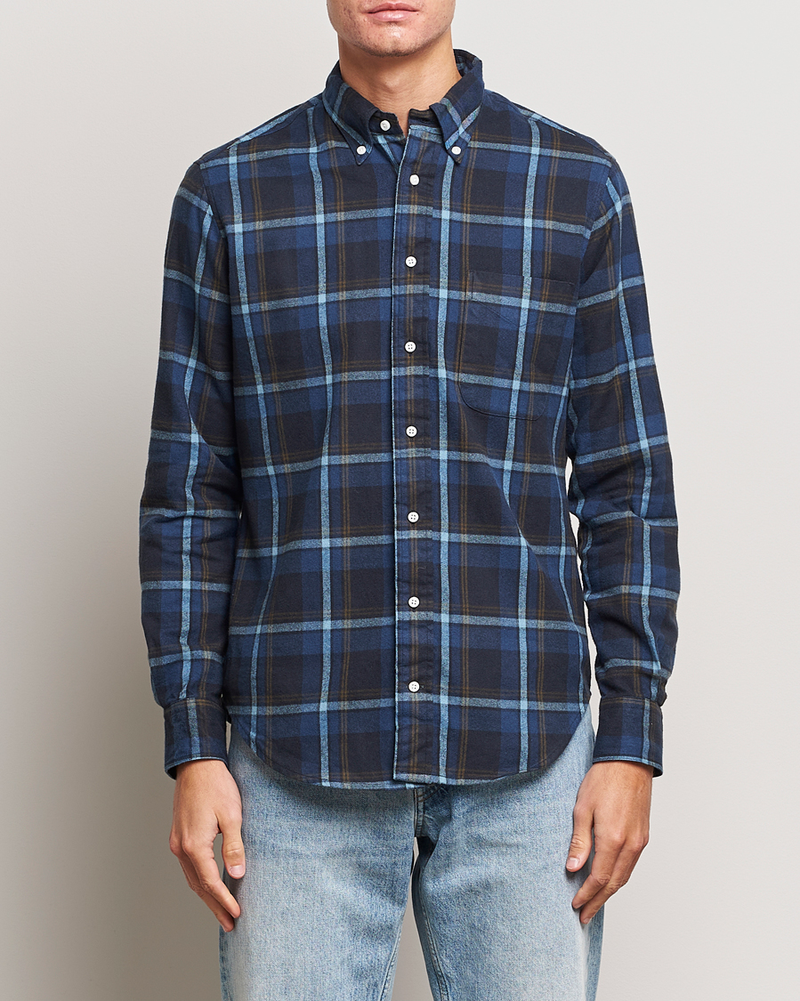 Hombres | Camisas | Gitman Vintage | Button Down Shaggy Flannel Shirt Navy Check