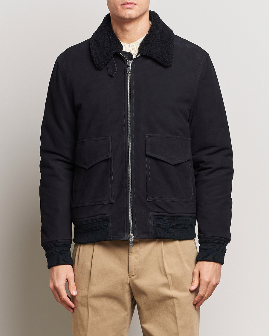 Hombres | Abrigos y chaquetas | Valstar | Shearling Collar Suede Bomber Navy