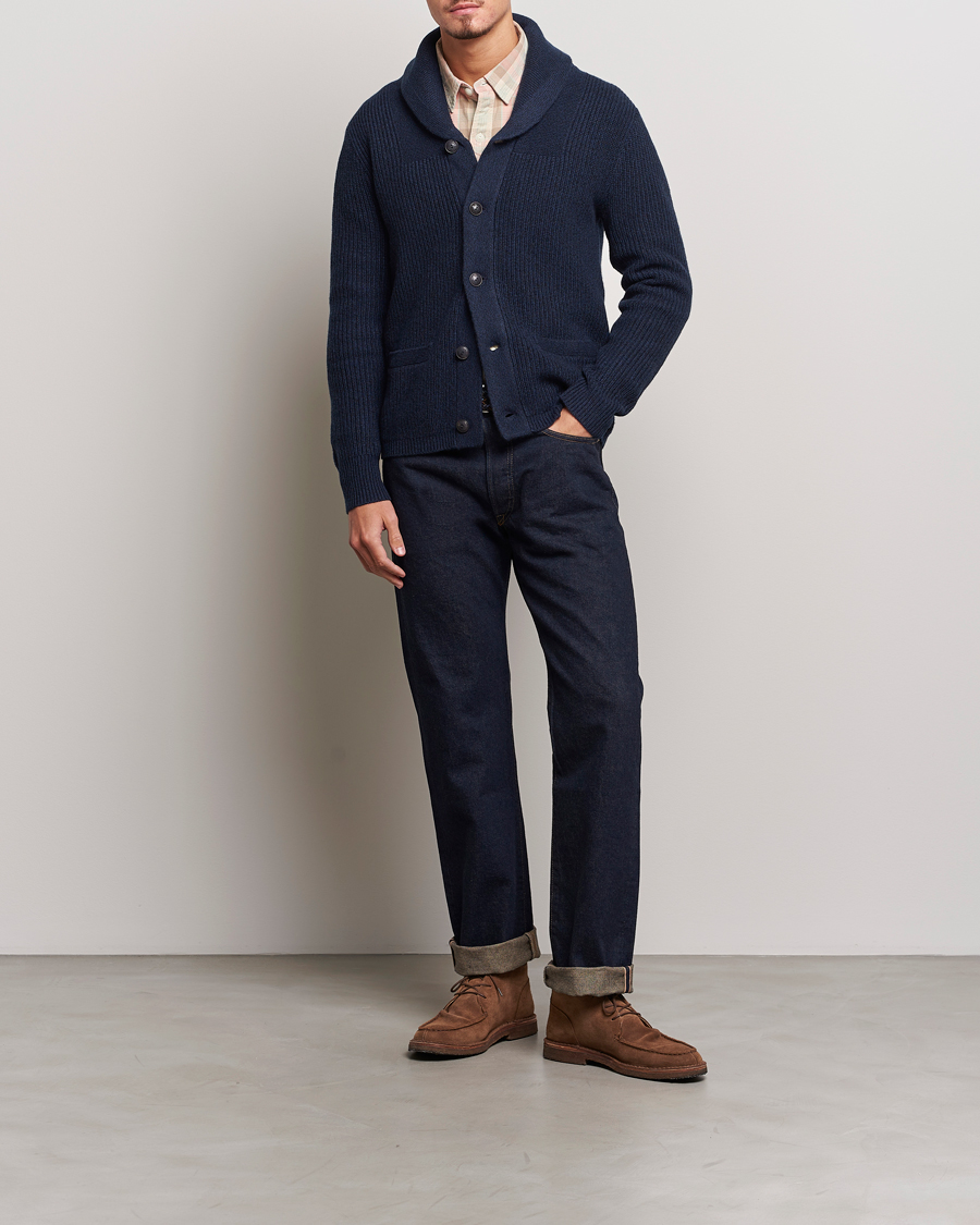 Hombres | Jerséis y prendas de punto | RRL | Recycled Cashmere Shawl Cardigan Navy Heather