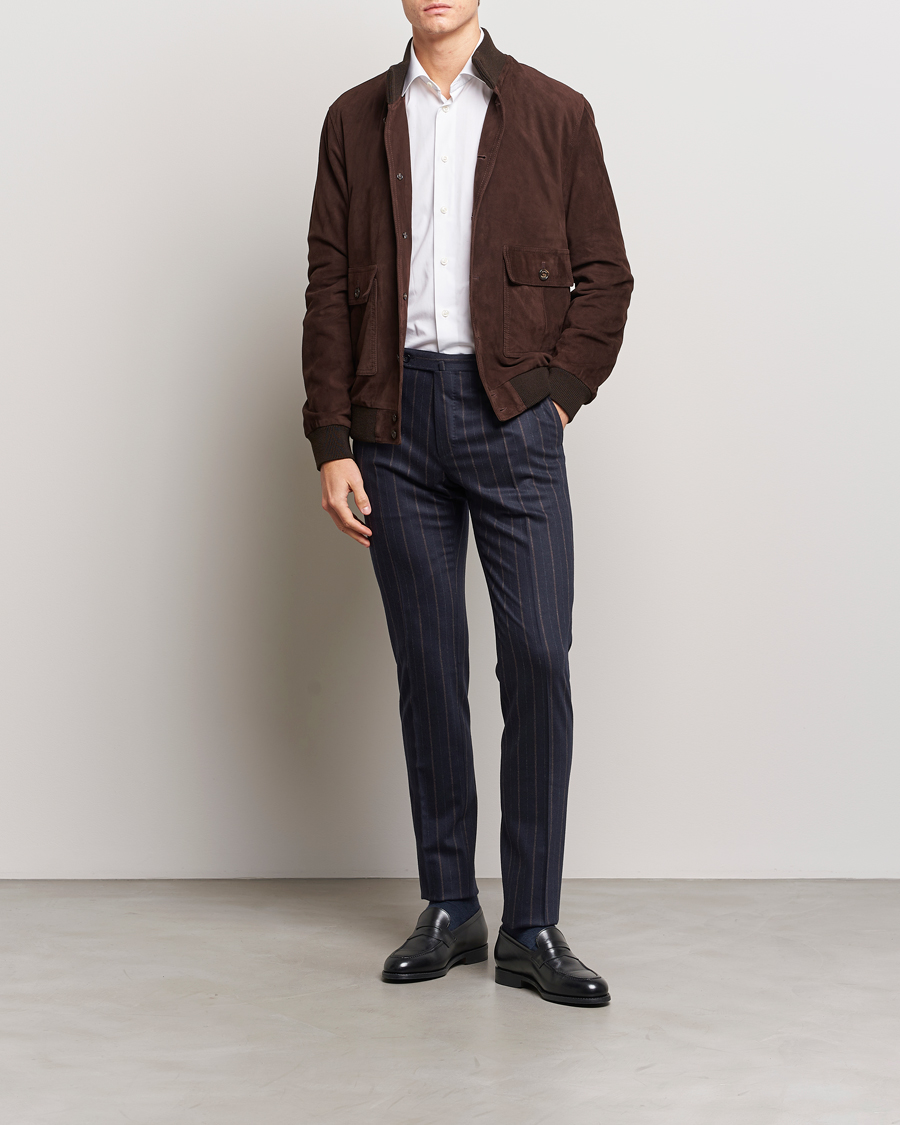 Hombres | Pantalones | Incotex | Wool/Cashmere Stretch Pinstripe Trousers Navy