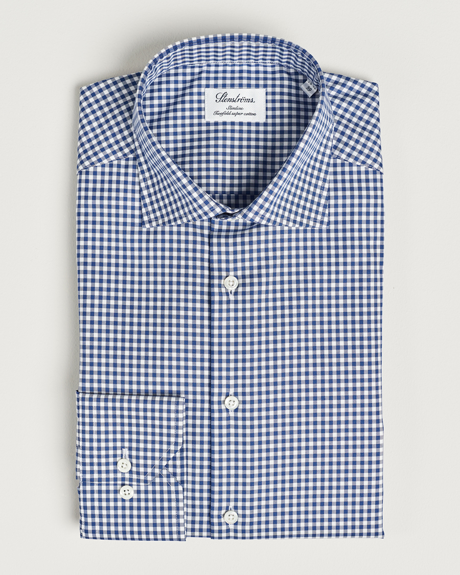 Hombres | Camisas | Stenströms | Slimline Mini Check Cut Away Shirt Blue