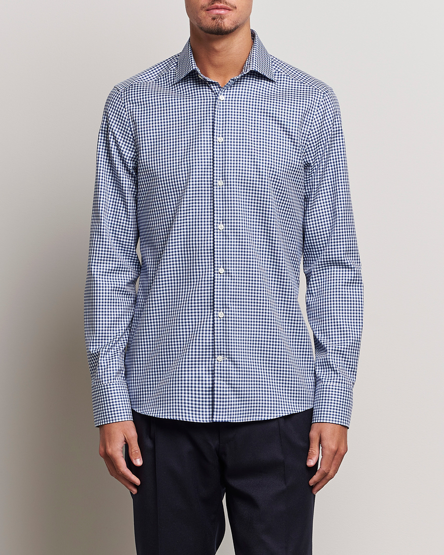Hombres | Camisas | Stenströms | Slimline Mini Check Cut Away Shirt Blue