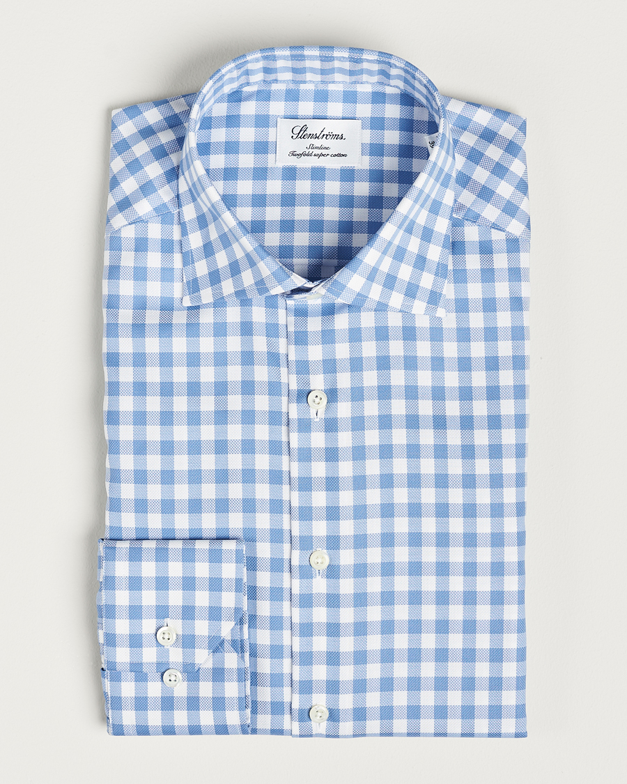 Hombres | Camisas | Stenströms | Slimline Check Cut Away Shirt Light Blue