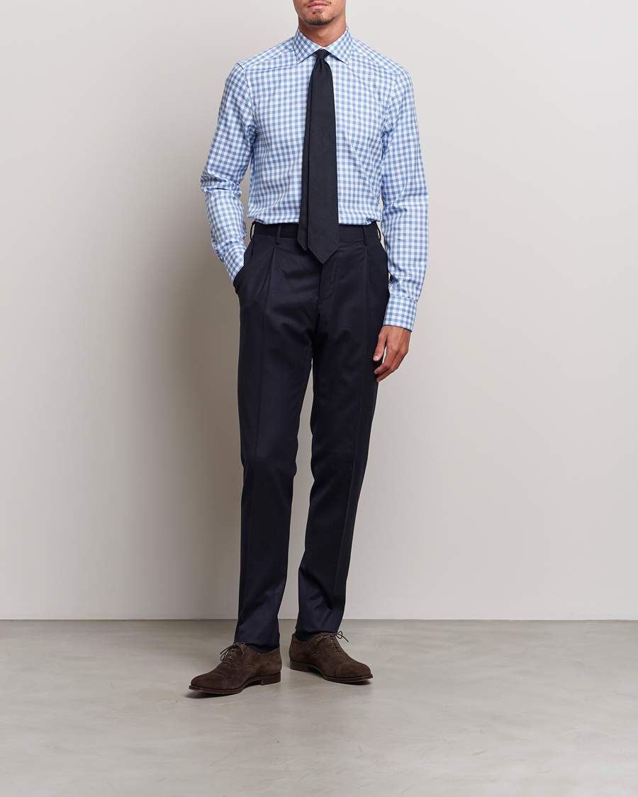 Hombres | Camisas | Stenströms | Slimline Check Cut Away Shirt Light Blue