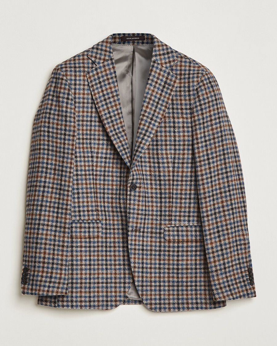 Hombres | Blazers | Oscar Jacobson | Fogerty Soft Small Checked Wool Blazer Blue/Brown