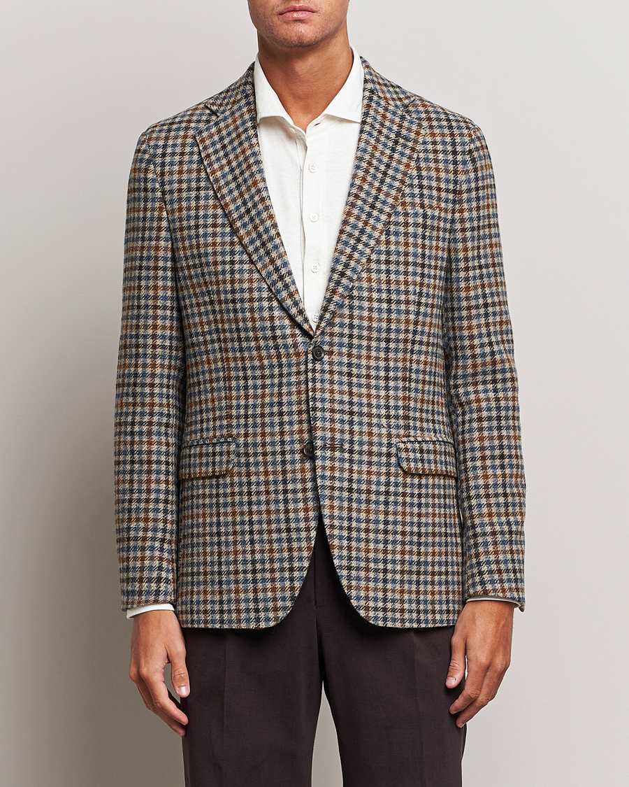 Hombres | Blazers | Oscar Jacobson | Fogerty Soft Small Checked Wool Blazer Blue/Brown
