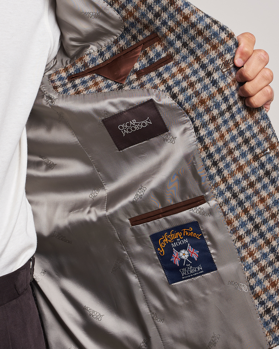 Hombres | Blazers | Oscar Jacobson | Fogerty Soft Small Checked Wool Blazer Blue/Brown