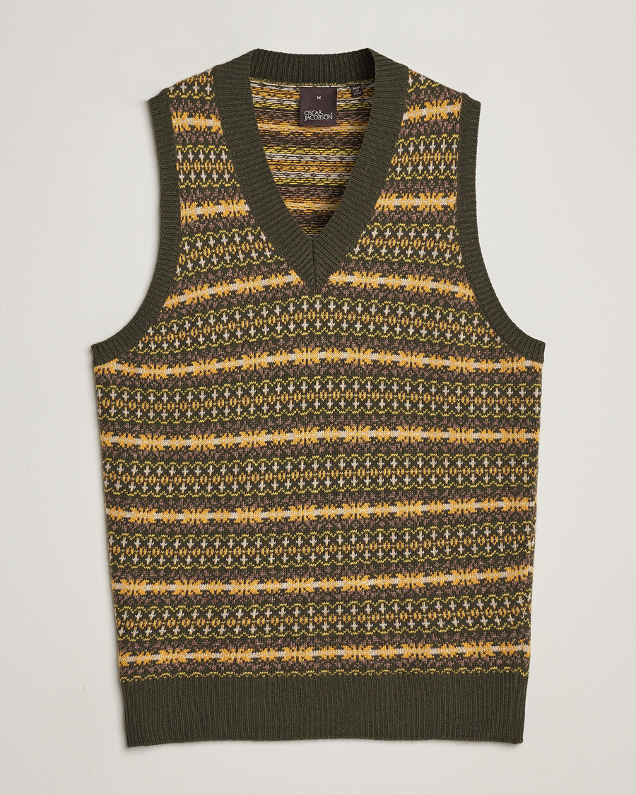 Hombres | Jerséis y prendas de punto | Oscar Jacobson | Lucas Fairisle Wool/Cashmere Vest Green