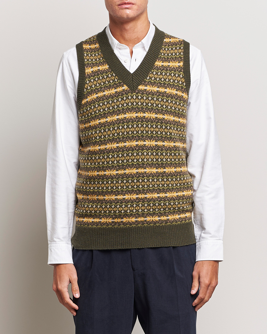 Hombres | Jerséis y prendas de punto | Oscar Jacobson | Lucas Fairisle Wool/Cashmere Vest Green