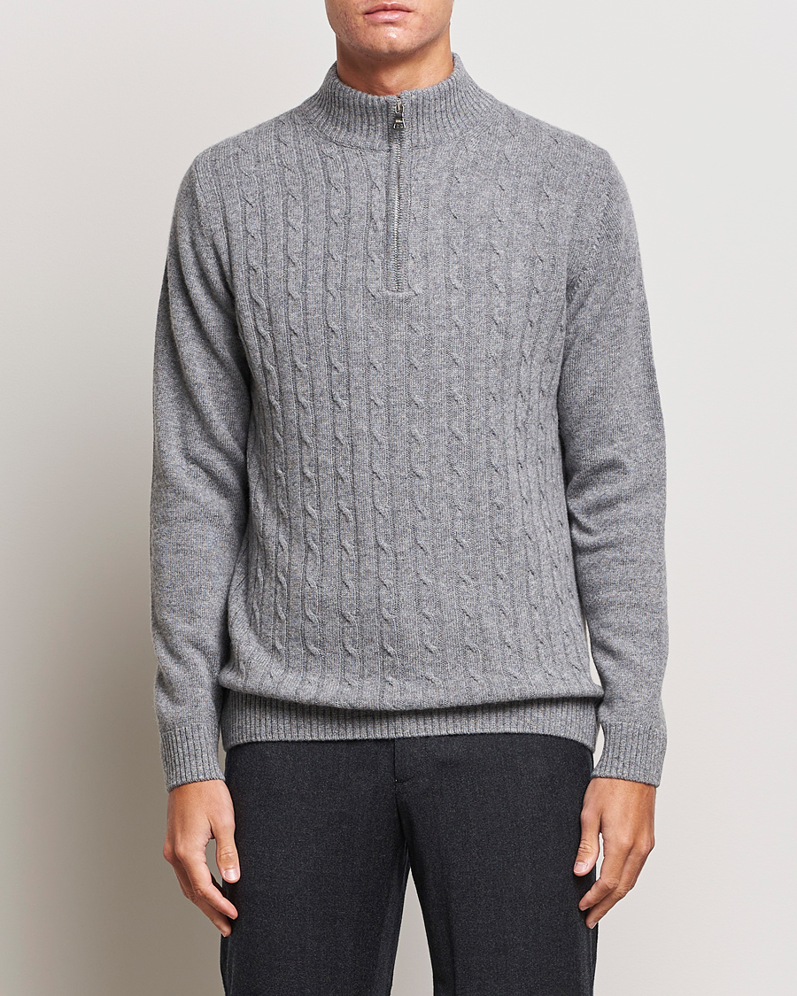 Hombres | Jerséis y prendas de punto | Oscar Jacobson | Percy Wool/Cashmere Knitted Half Zip Grey Melange