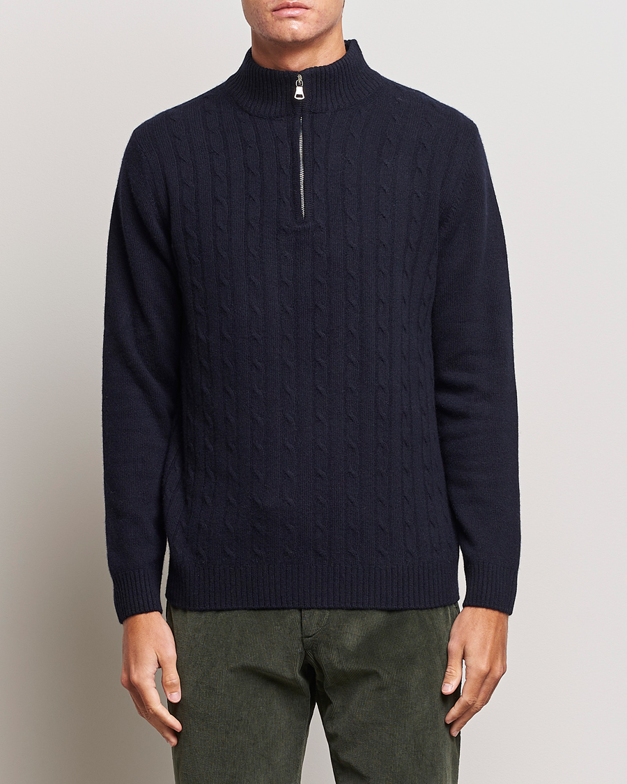 Hombres | Jerséis y prendas de punto | Oscar Jacobson | Percy Wool/Cashmere Knitted Half Zip Navy