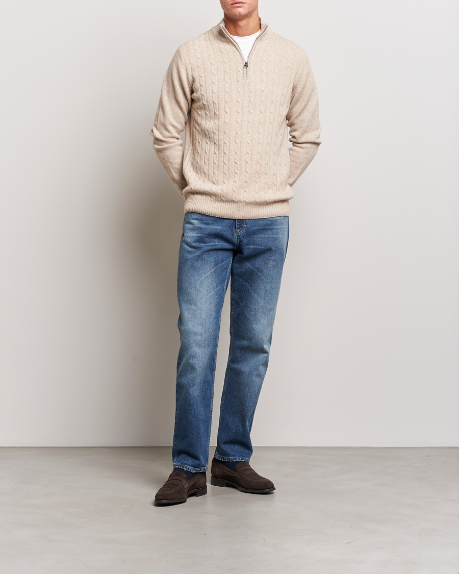 Hombres | Jerséis y prendas de punto | Oscar Jacobson | Percy Wool/Cashmere Knitted Half Zip Beige