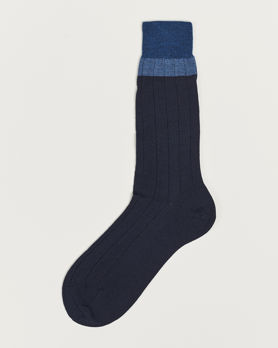 Hombres | Ropa interior y calcetines | Bresciani | Wide Ribbed Block Stripe Wool Socks Navy