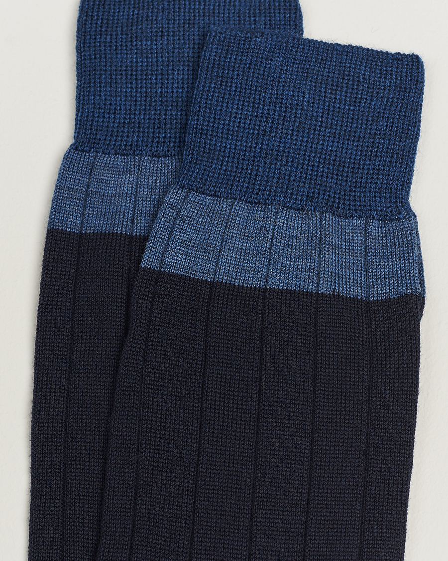 Hombres |  | Bresciani | Wide Ribbed Block Stripe Wool Socks Navy