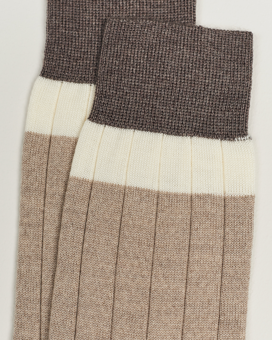 Hombres |  | Bresciani | Wide Ribbed Block Stripe Wool Socks Biege