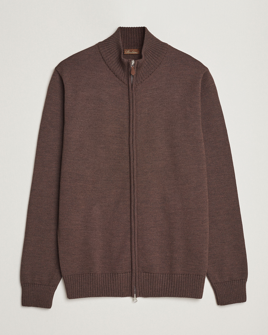 Hombres | Jerséis y prendas de punto | Stenströms | Chunky Merino Full Zip Cardigan Brown