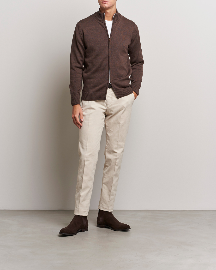 Hombres | Jerséis y prendas de punto | Stenströms | Chunky Merino Full Zip Cardigan Brown