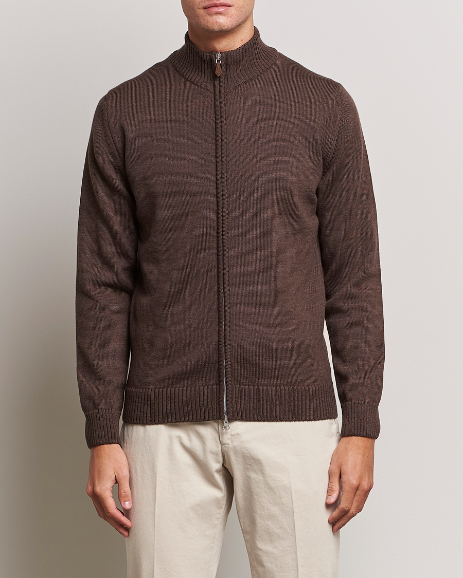 Hombres | Jerséis y prendas de punto | Stenströms | Chunky Merino Full Zip Cardigan Brown