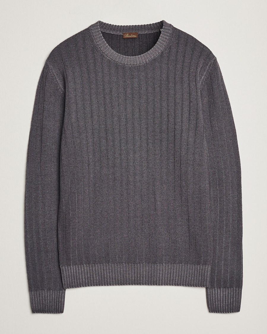 Hombres | Jerséis y prendas de punto | Stenströms | Garment Dyed Ribbed Merino Wool Crewneck Grey