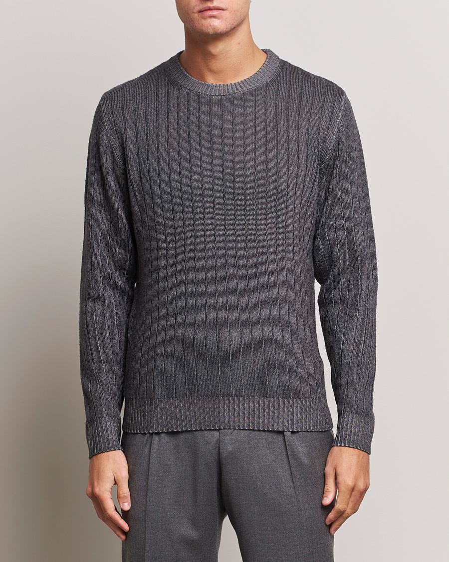 Hombres | Jerséis y prendas de punto | Stenströms | Garment Dyed Ribbed Merino Wool Crewneck Grey