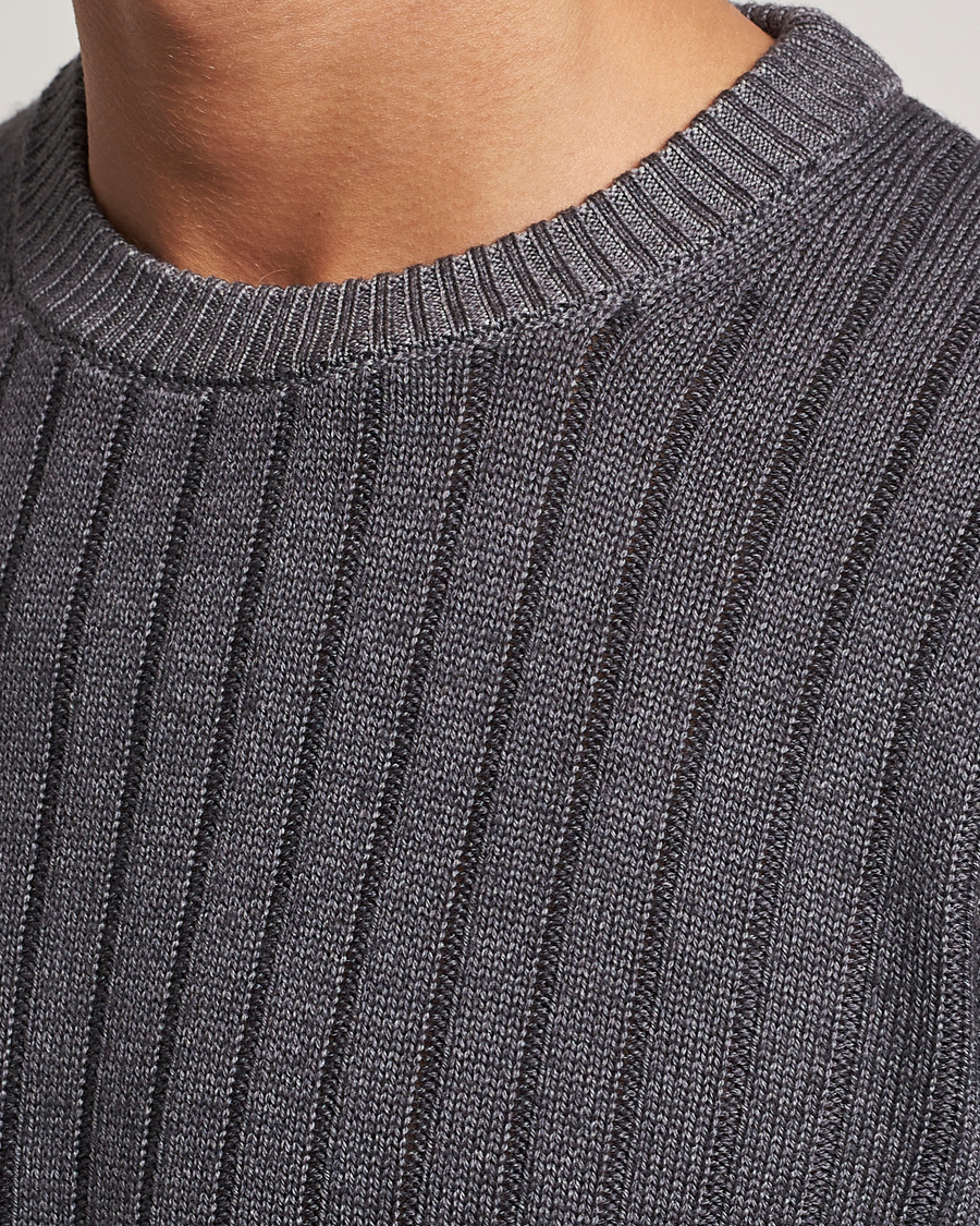 Hombres | Jerséis y prendas de punto | Stenströms | Garment Dyed Ribbed Merino Wool Crewneck Grey