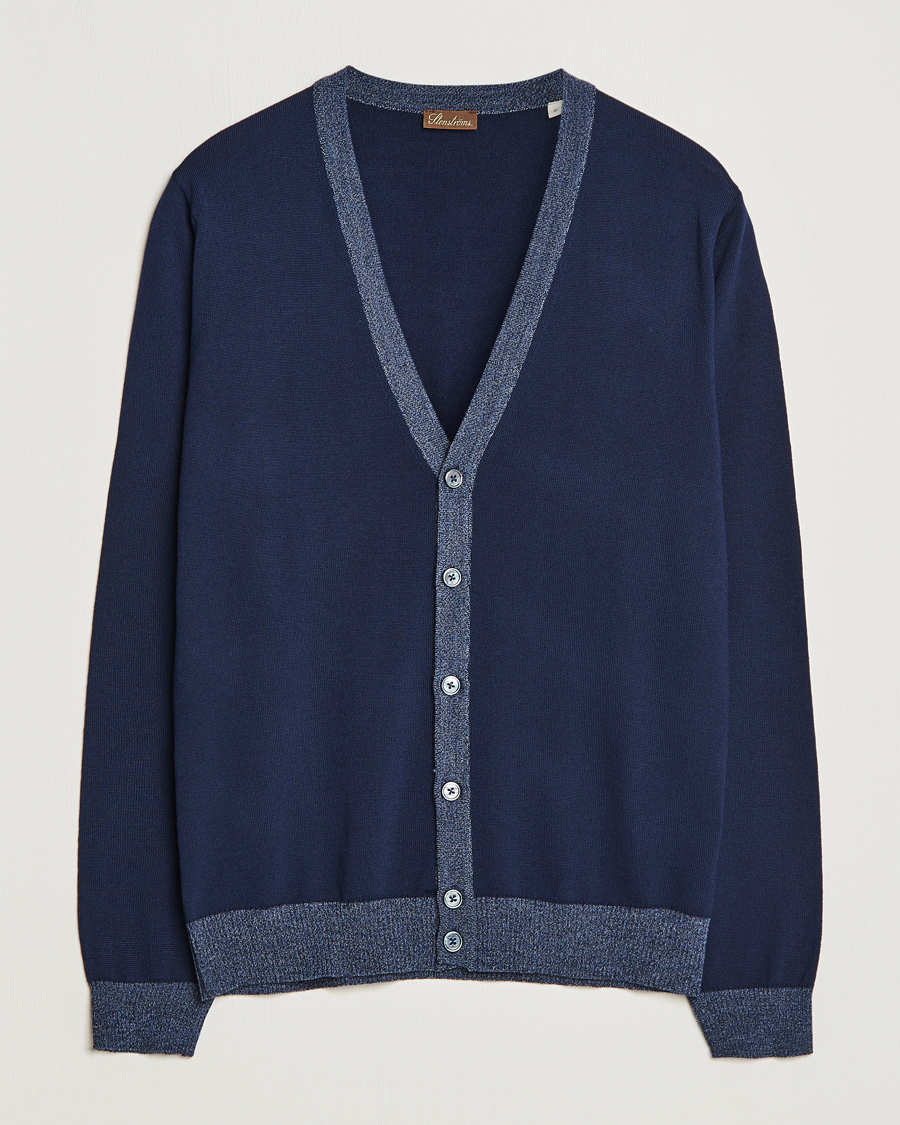 Hombres | Jerséis y prendas de punto | Stenströms | Merino Wool Contrast Cardigan Navy