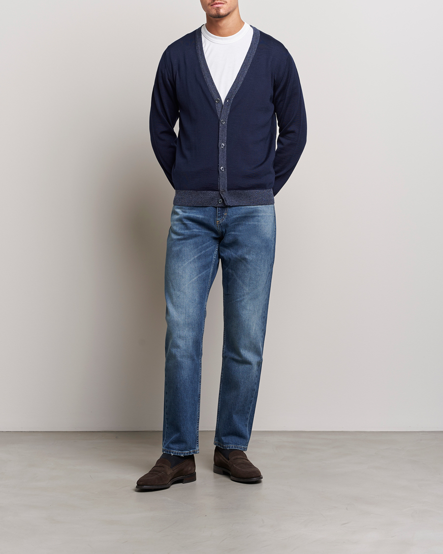 Hombres | Jerséis y prendas de punto | Stenströms | Merino Wool Contrast Cardigan Navy