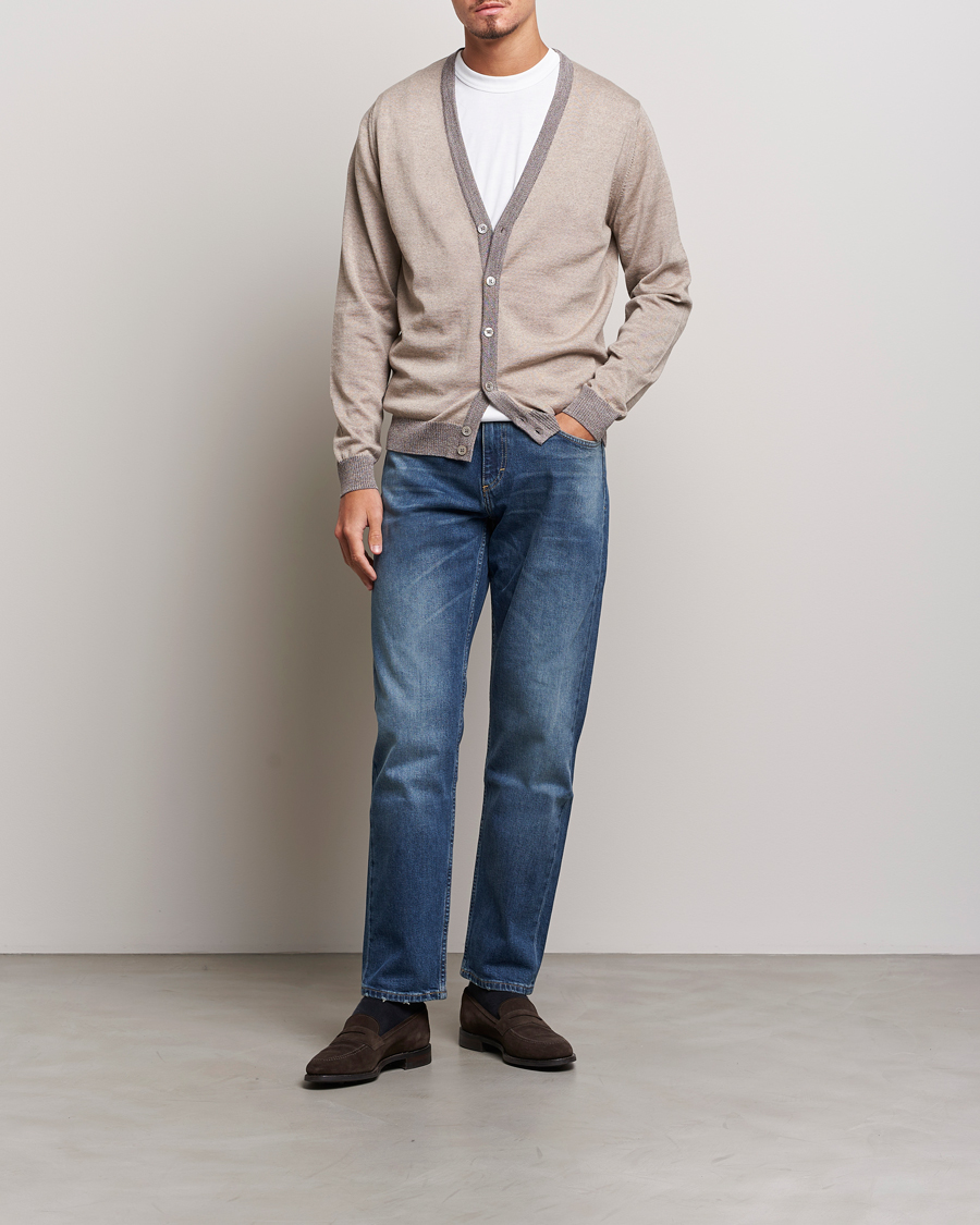 Hombres | Jerséis y prendas de punto | Stenströms | Merino Wool Contrast Cardigan Beige