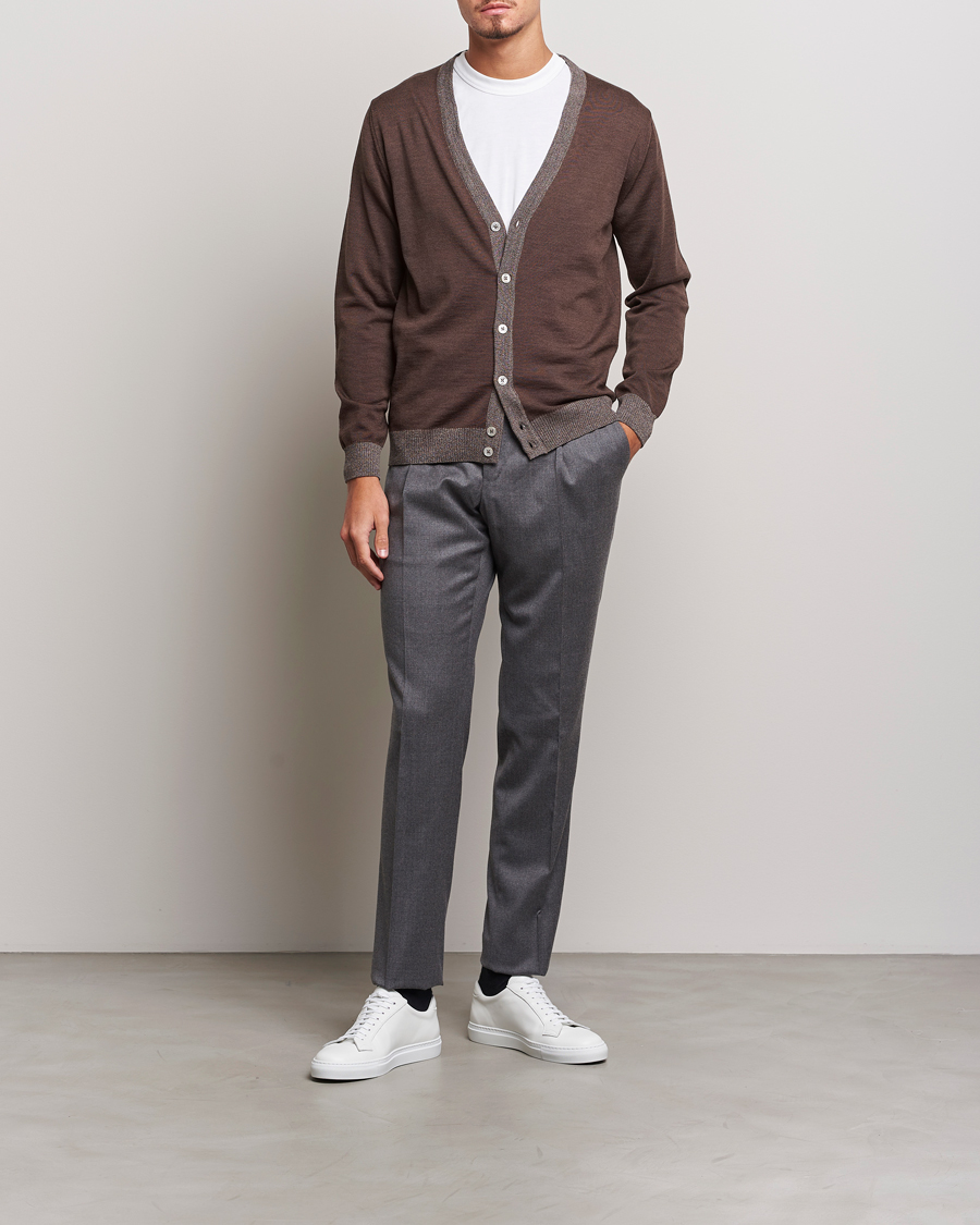 Hombres | Jerséis y prendas de punto | Stenströms | Merino Wool Contrast Cardigan Brown