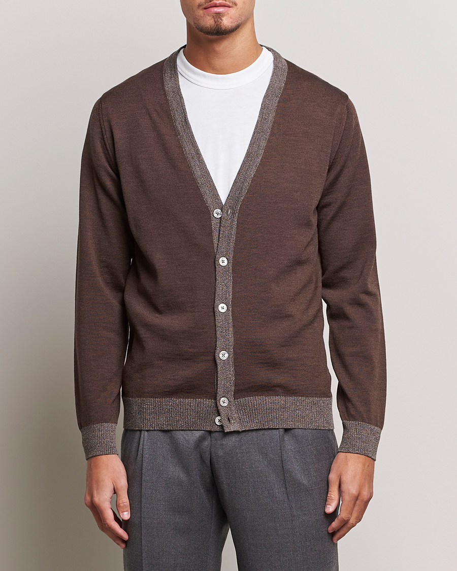 Hombres | Jerséis y prendas de punto | Stenströms | Merino Wool Contrast Cardigan Brown