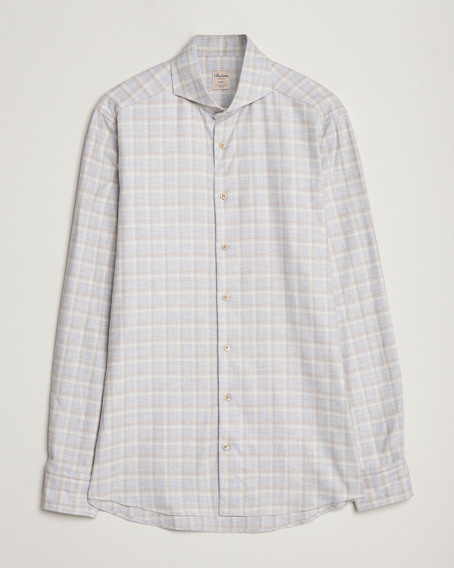 Hombres | Camisas | Stenströms | Slimline Checked Cut Away Flannel Shirt Light Grey