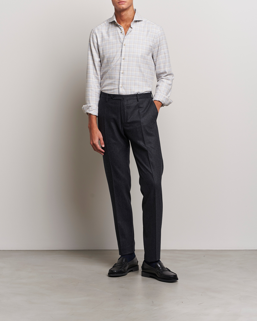 Hombres | Camisas | Stenströms | Slimline Checked Cut Away Flannel Shirt Light Grey