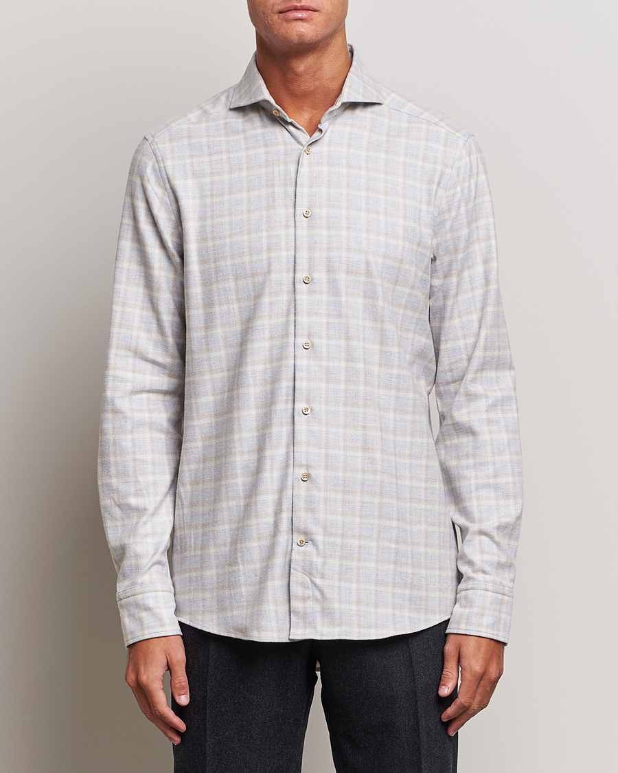 Hombres | Camisas | Stenströms | Slimline Checked Cut Away Flannel Shirt Light Grey