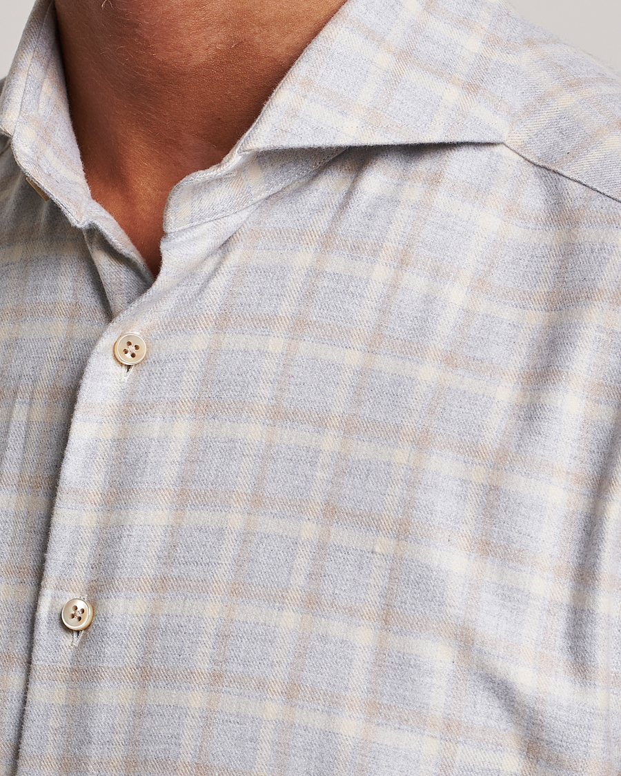 Hombres | Camisas | Stenströms | Slimline Checked Cut Away Flannel Shirt Light Grey