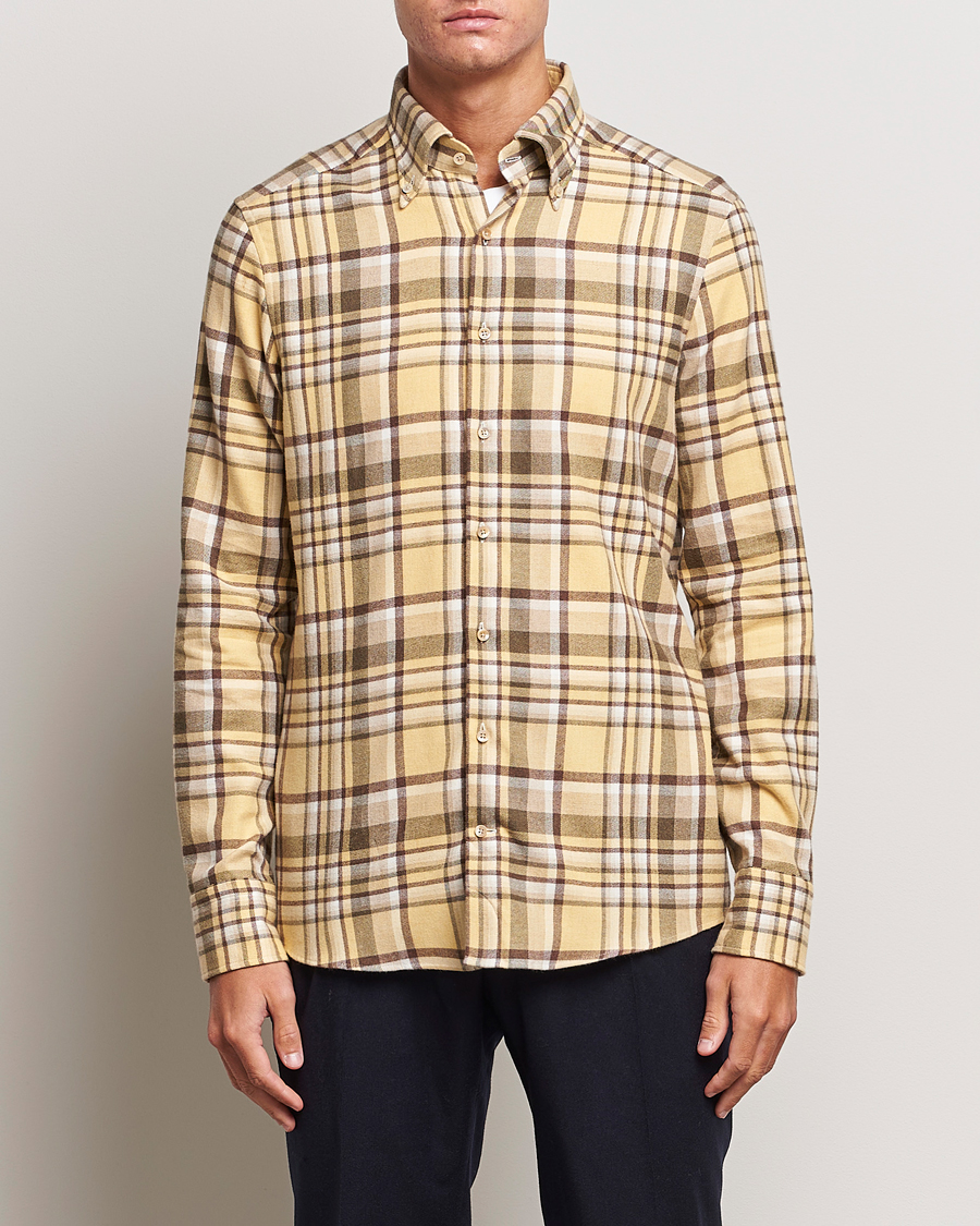 Hombres | Camisas | Stenströms | Slimline Checked Button Down Flannel Shirt Yellow