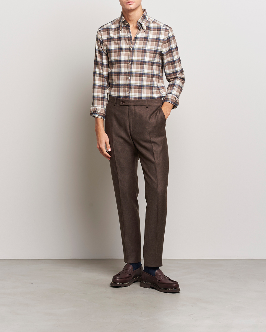 Hombres | Camisas | Stenströms | Slimline Checked Button Down Flannel Shirt Beige