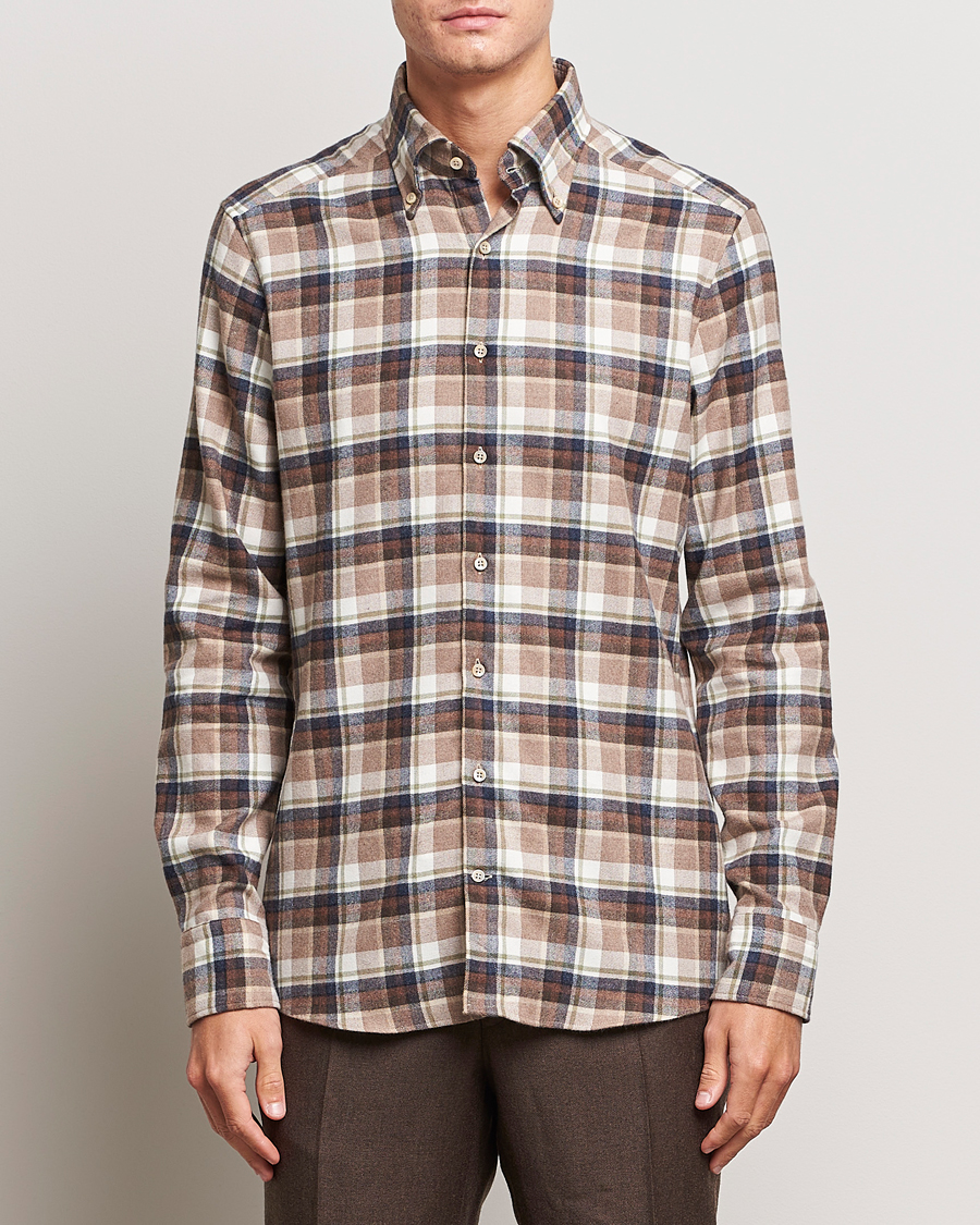 Hombres | Camisas | Stenströms | Slimline Checked Button Down Flannel Shirt Beige