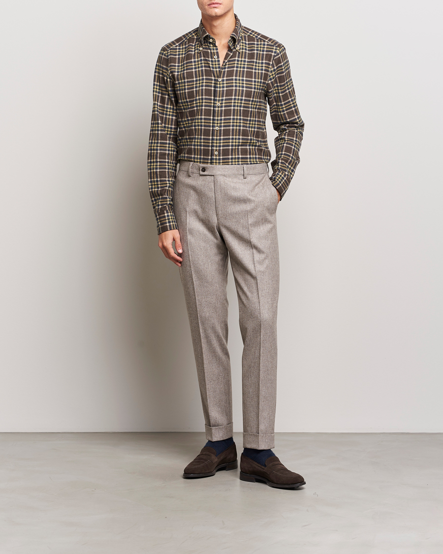 Hombres | Camisas | Stenströms | Slimline Checked Button Down Flannel Shirt Brown