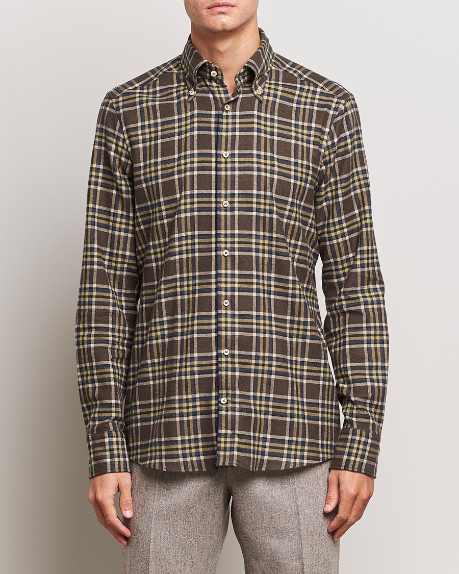 Hombres | Camisas | Stenströms | Slimline Checked Button Down Flannel Shirt Brown